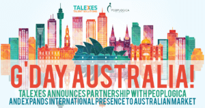 Multicolored Australia Skyline with Text Saying G'Day Australia and Talexes and Peoplogica Logos