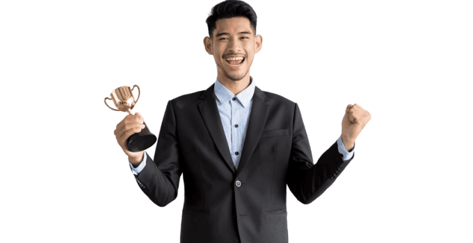Happy Businessman Holding Trophy in Right Hand and Cheering