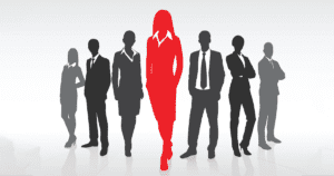 Greyed Out Silhouettes of Businesspeople in Shallow V Line with Woman in Front Highlighted in Red
