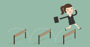 Animated Businesswoman Jumping Over Third Hurdle in Line on Light Green Background