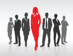 Greyed Silhouettes of Office Workers with Woman in Front Highlighted in Red